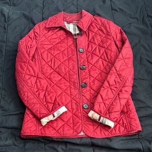 AuthenticBurberry Red Quilted Puffer Jacket with Classic Collar